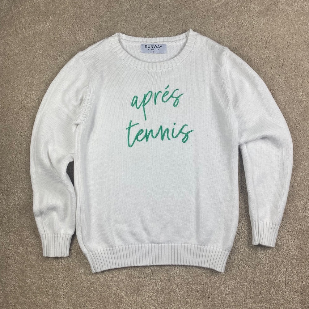 Runway Athletics Apres Tennis Sweater White Green Embroidered Cotton Knit Small